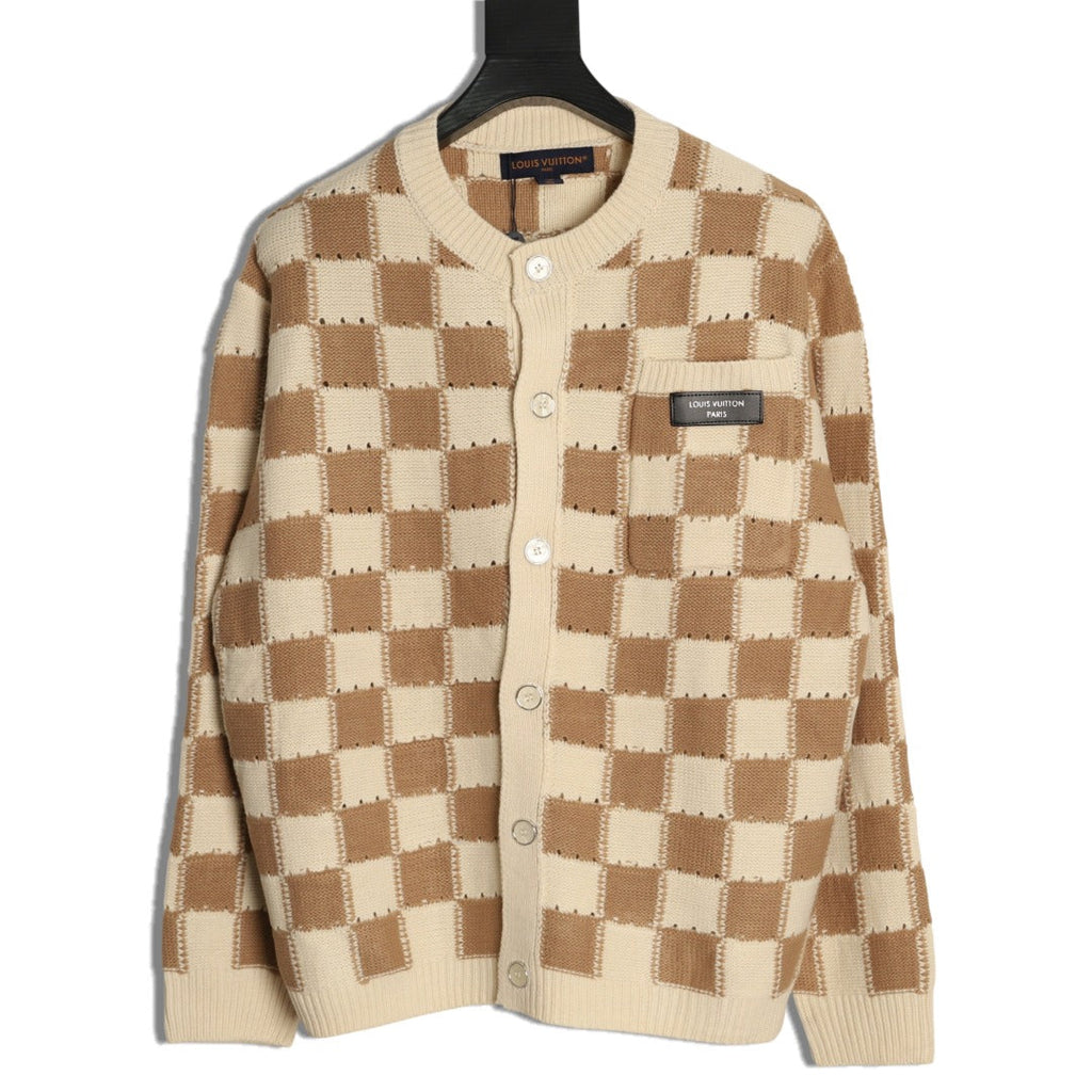 Louis Vuitton Checkerboard Crewneck Knit Cardigan - Khaki and Cream